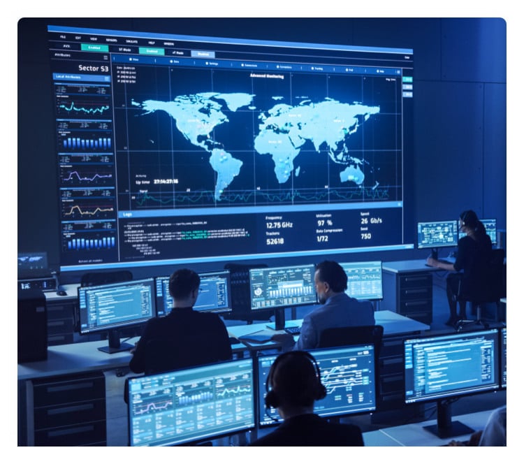 A security operations center in a blue light