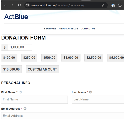 ActBlue website donation form