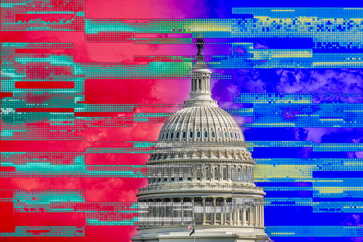 Blue and red background behind the US Capitol building